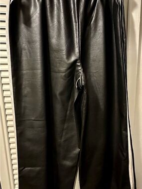 Anthropologie Black Faux Leather Wide-Leg Pants with White Side Stripe